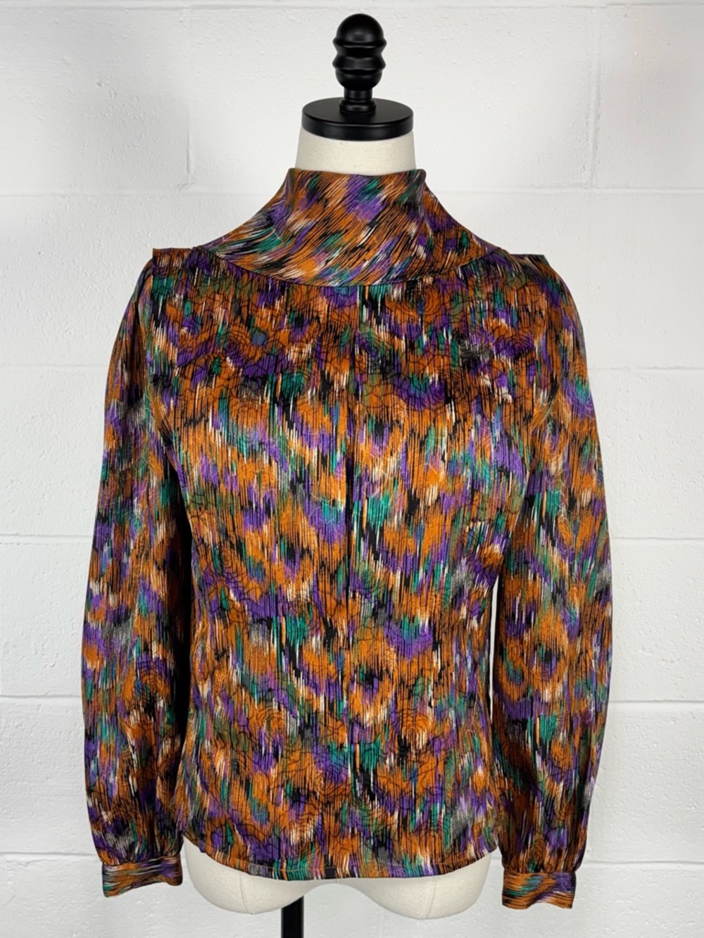 Vintage 80s Shiny Copper Abstract Satin Blouse Bow Back Button Jacquard Floral 4